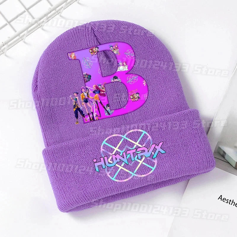 Demone Hunter Kids Knitted Hats Cute Letters A-Z Anime Girl Kawaii Beanie Headgear Outdoor Street Warm Knit Cap Party Games Gift Colouronova