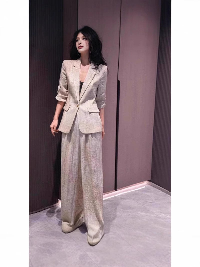 Cotton Linen Wide Leg Pants Set Three Quarter Sleeve Colouronova