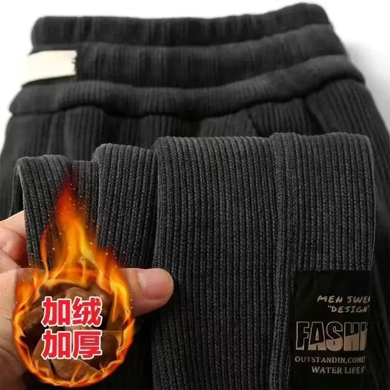 Corduroy Men's Thick Casual Pants Outdoor Warm Fashionable Stretch Sports Pants Joggers Comfortable Bound Feet Sweatpants - Colouronova