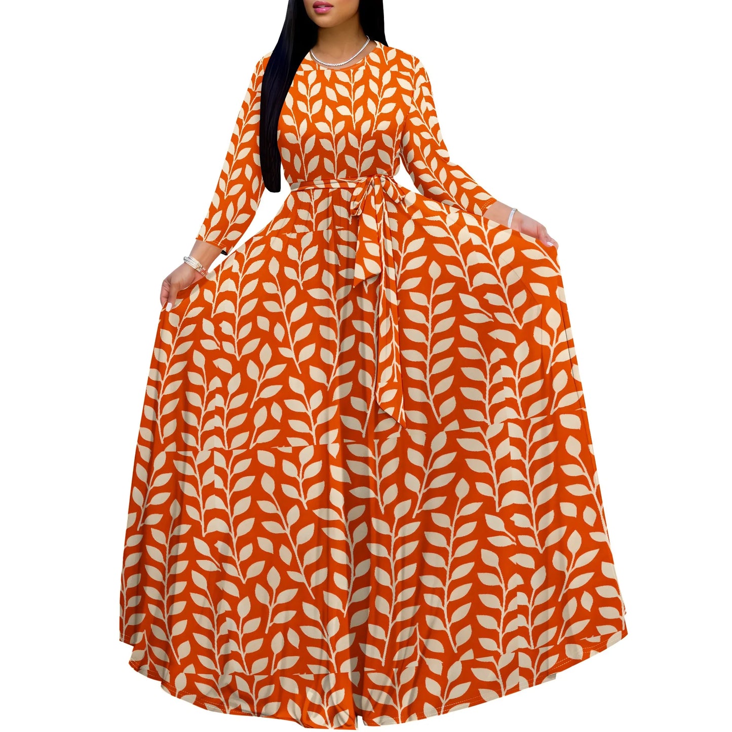 Long Sleeve Plus Size Maxi Fall Dress for Curvy Women Round Neck 3/4 Sleeve Long Dress Cocktail Party Dress - Colouronova