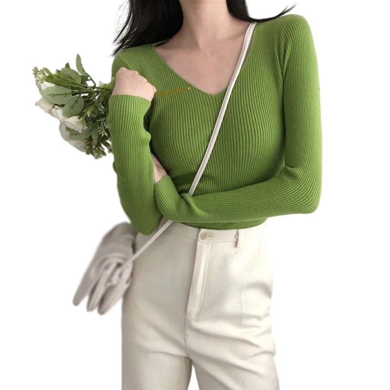 Autumn Basic Bottoming Longsleeve Sweater Women Ribbed Soft Neck Elastic Pullover Warm Solid Color Slim Sweater Top - Colouronova