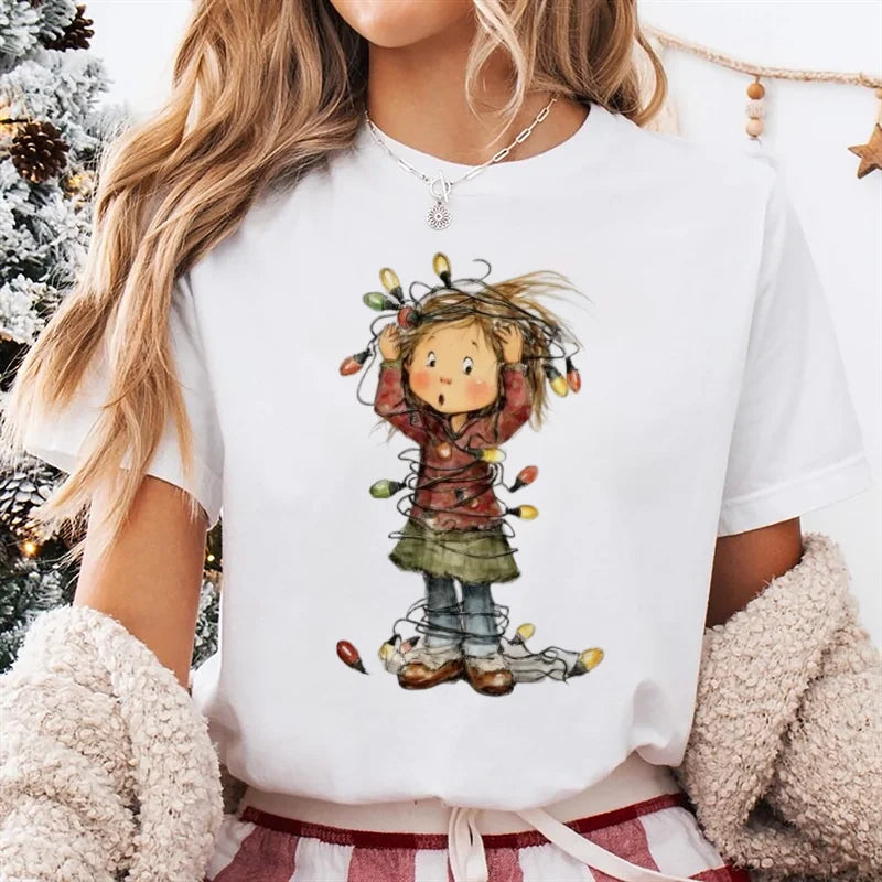 Trendy Women's Cute Christmas Happy Fashion New Year T-Shirt Girls' Christmas Socks Pattern Printed Short Sleeve Basic T-Shirt - Colouronova