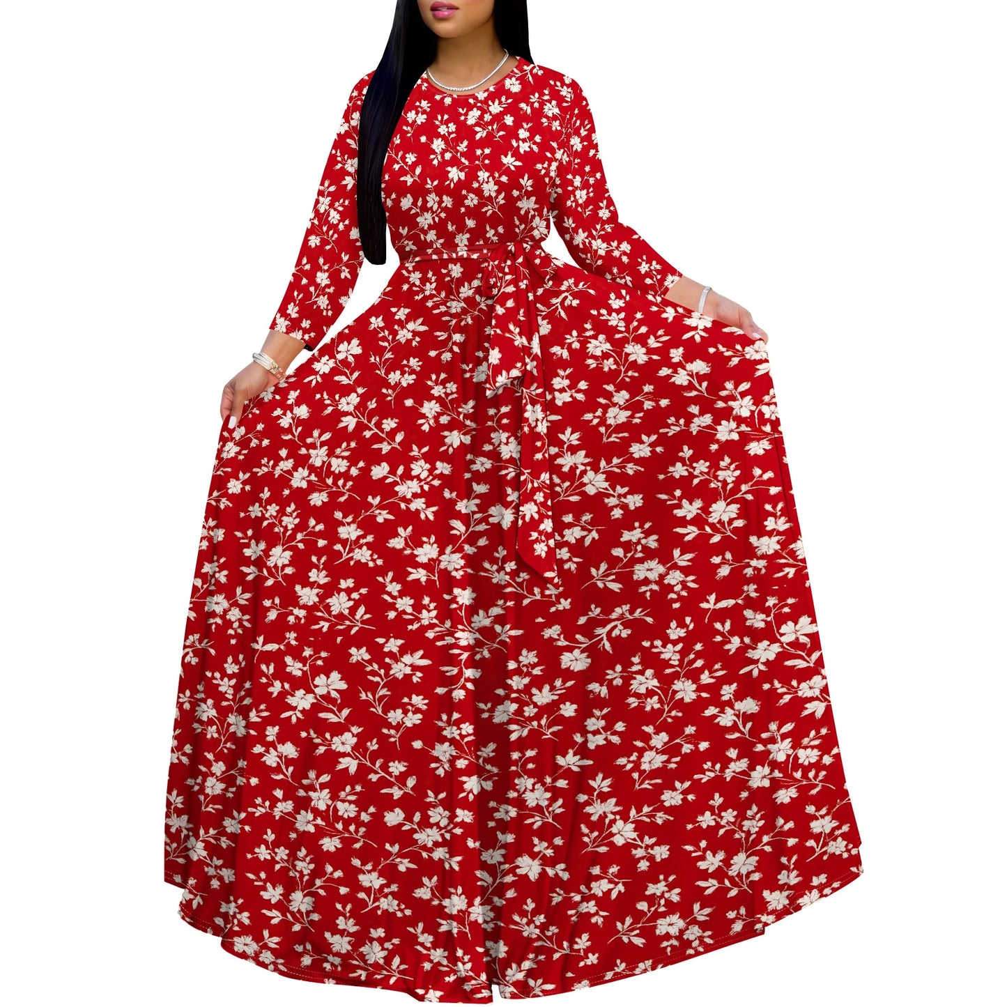 Long Sleeve Plus Size Maxi Fall Dress for Curvy Women Round Neck 3/4 Sleeve Long Dress Cocktail Party Dress - Colouronova