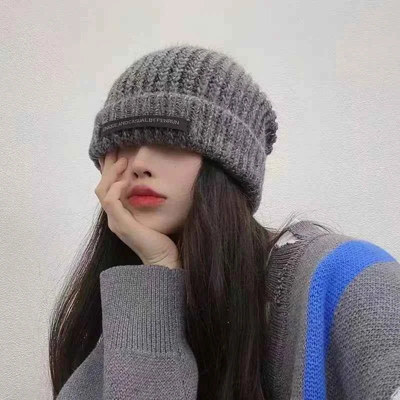 Women Warm Cap Simple Winter Wool Knitting Bonnet Solid Color Ins Versatile Stacked Cap Fashion Knitted Skull Hat Headwear