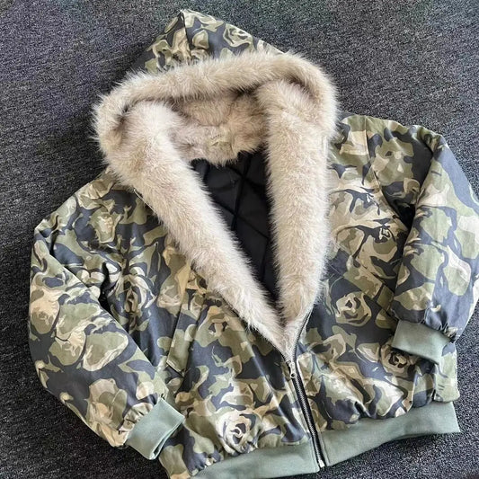 American Fashion New Camouflage Fur Collar Thick Velvet Jacket Y2K Punk Wind Rock Tide Brand Baggy Hooded Couple Sports Coats - Colouronova
