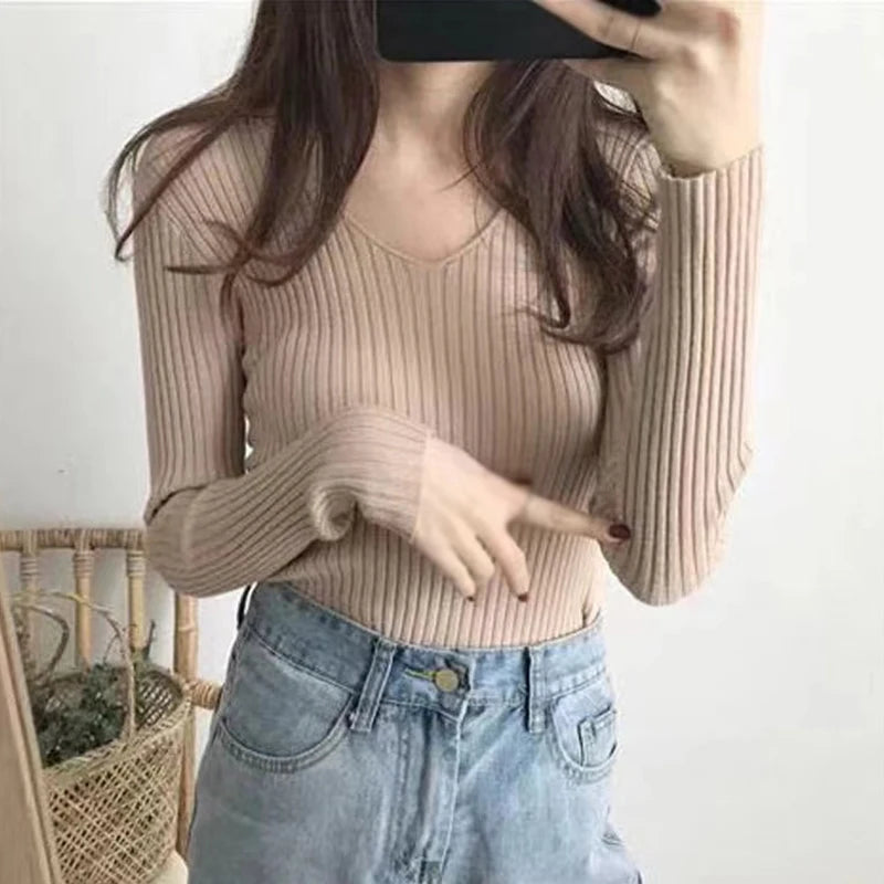 Autumn Basic Bottoming Longsleeve Sweater Women Ribbed Soft Neck Elastic Pullover Warm Solid Color Slim Sweater Top - Colouronova