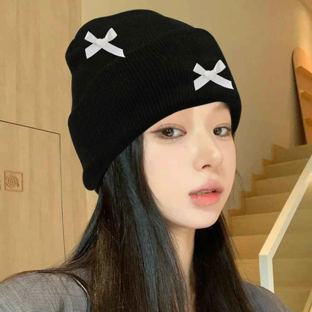 Korean Bow Women Beanie Cap Autumn Winter Warm Ins Style Cute Y2K Girls Knitted Hat Solid Color Bowknot Female Thermal Skullcap
