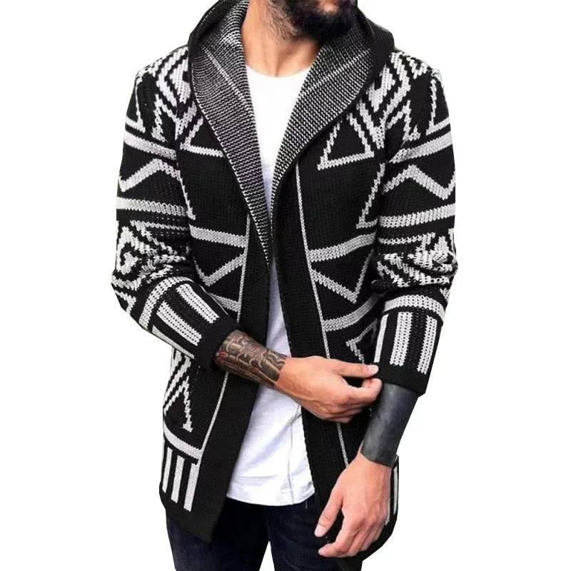 Men Cardigan Open Stitch Sweaters Mid Length Coat Hooded Full Sleeve Splice Knit Casual Regular Coats Autumn Winter 2024 - Colouronova