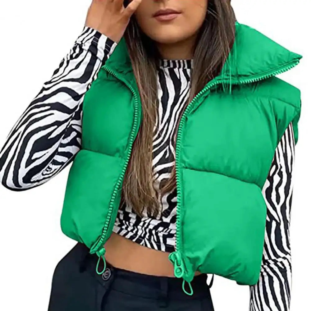Fall Winter Warm Cropped Vest Jackets for Women Fashion Sleeveless Stand Collar Zip Up Puffer Waistcoat Street Style Outwear - Colouronova