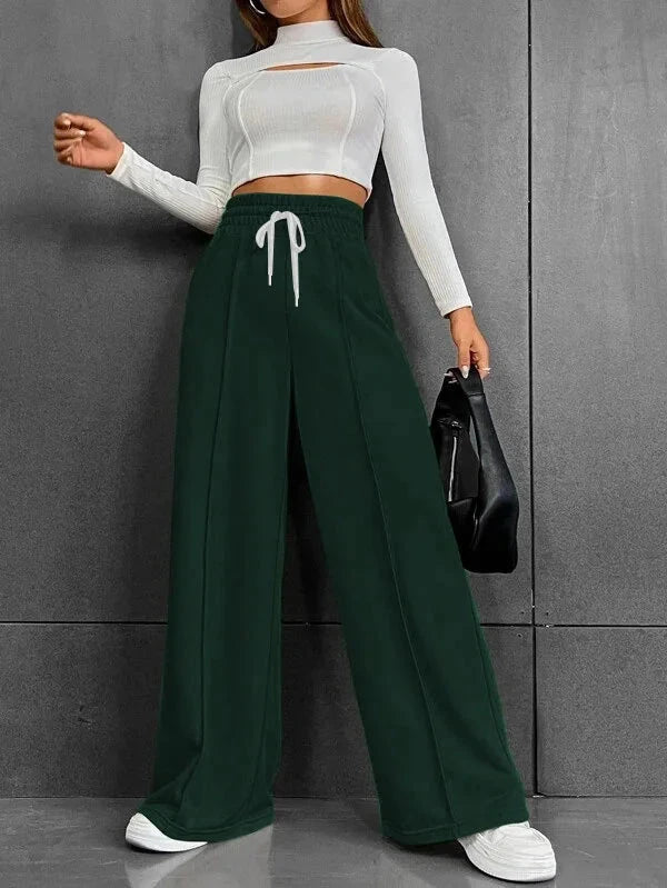 High Waist Wide Leg Pants Women Full Length Trousers Solid Capris Drawstring Pockets Loose Fit Sports Casual Slight Strech Colouronova