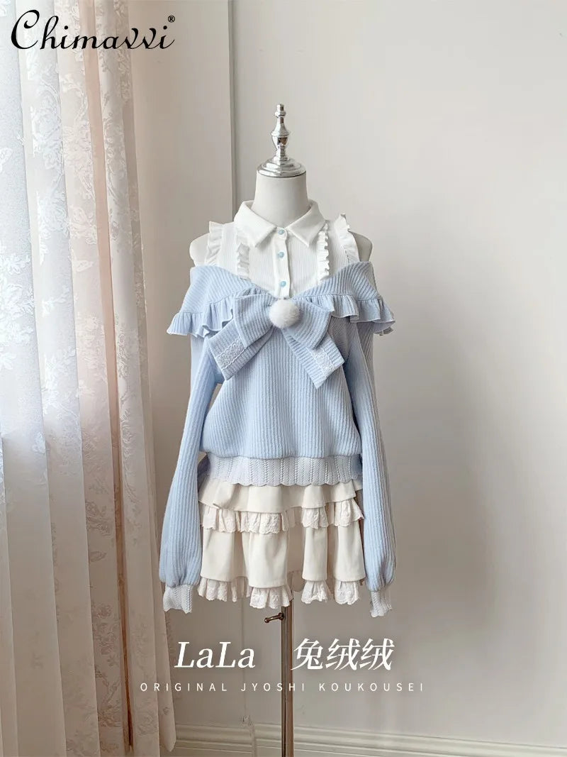 Original Design Water Color Sweet Bow Cute Girl Long Sleeve Off Shoulder Sweater + Skirt 2025 Autumn Winter New Lolita Set - Colouronova