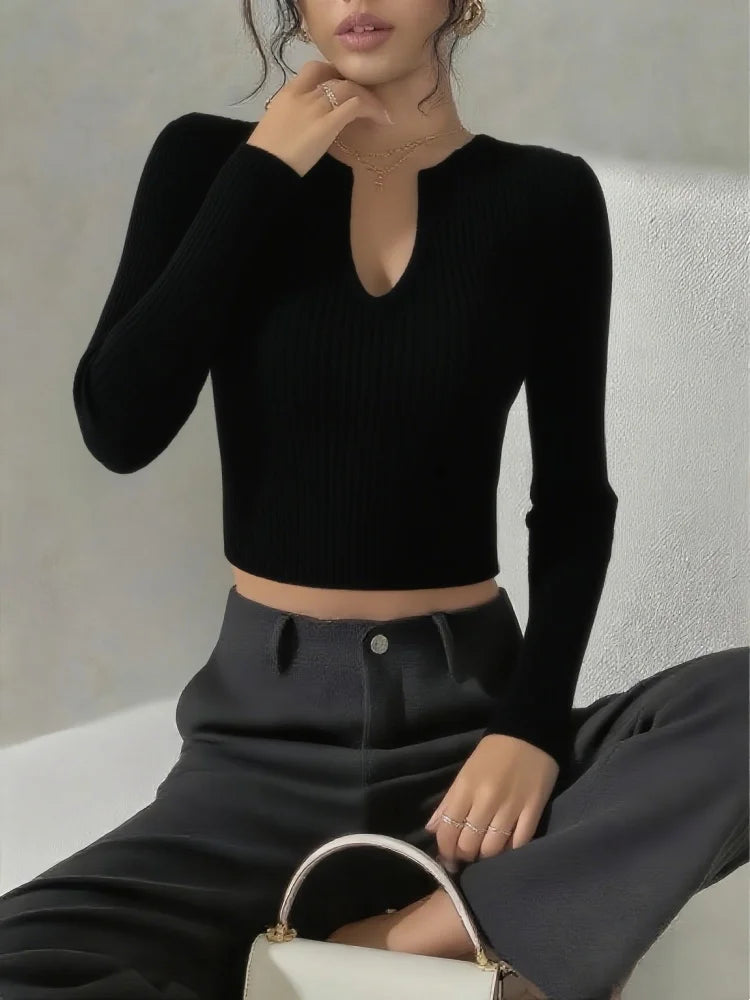 Women's V-neck standard size top, elegant long-sleeved autumn and winter style, bottoming pullover, fashionable popular style - Colouronova