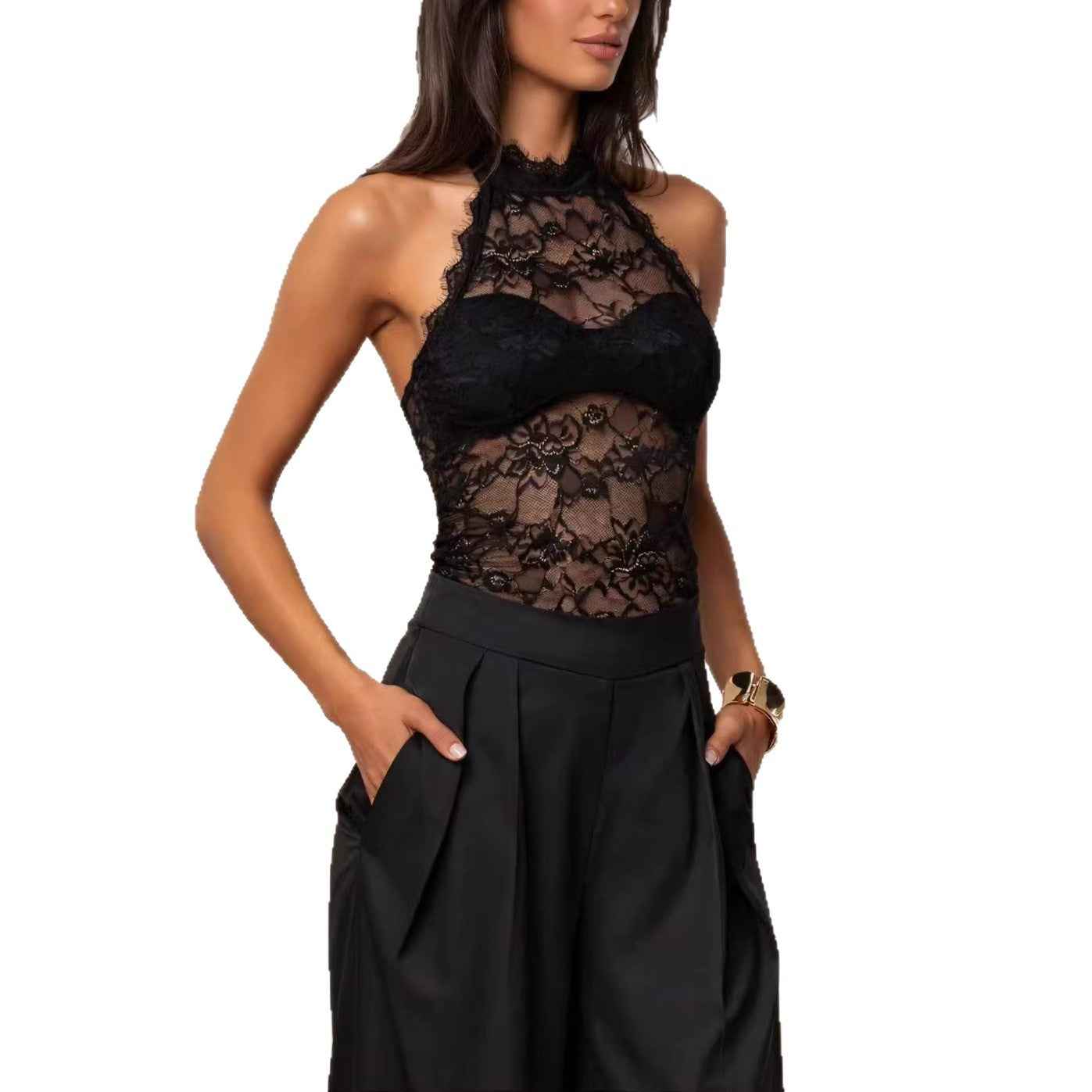 Black Halter Neck Lace Bustier Tank Top