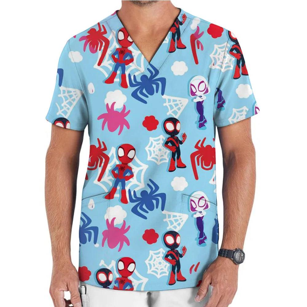 Medical Uniform Men's Nurse Marvel Superhero Matte V-neck Short sleeved Shirt Hospital Top Surgical Dress Men's Dentist T-shirt - Colouronova
