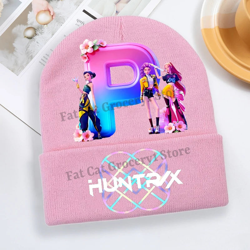 Kpop Demon Hunter Knitted Hat Girls Cute Letter A-Z Knit Cap Kids Winter Outdoors Warm Beanies Children Fashion Headgear Gift - Colouronova