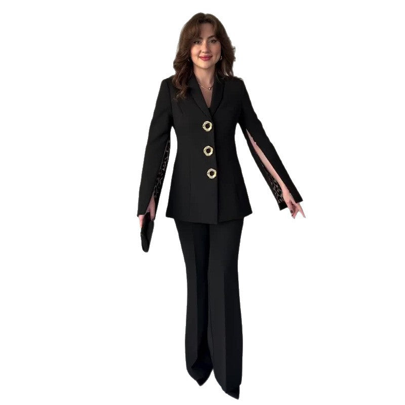 Long-sleeved slimming black two-piece suit Colouronova