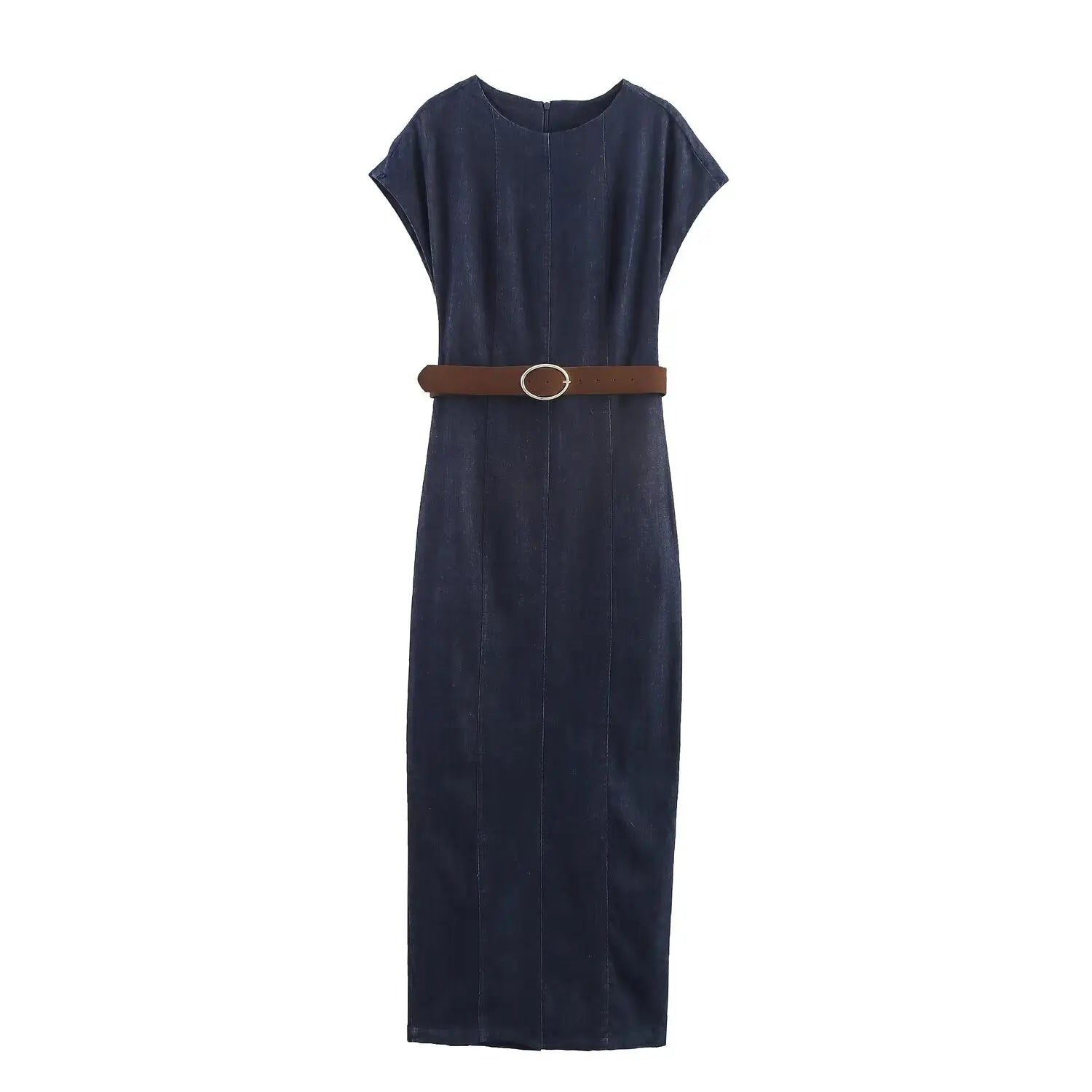 KONDALA Autumn Women Elegant Denim Belt Dress O-Neck Sleeveless Slim Long Dress 2025 Spring Fall Lady Casual Simple Denim Dress - Colouronova