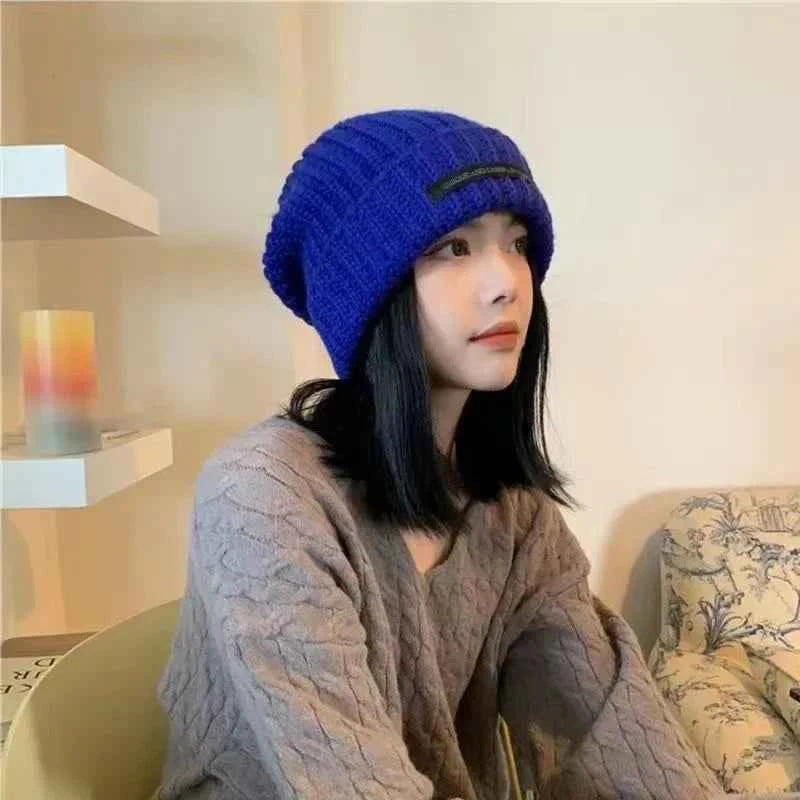 Women Warm Cap Simple Winter Wool Knitting Bonnet Solid Color Ins Versatile Stacked Cap Fashion Knitted Skull Hat Headwear