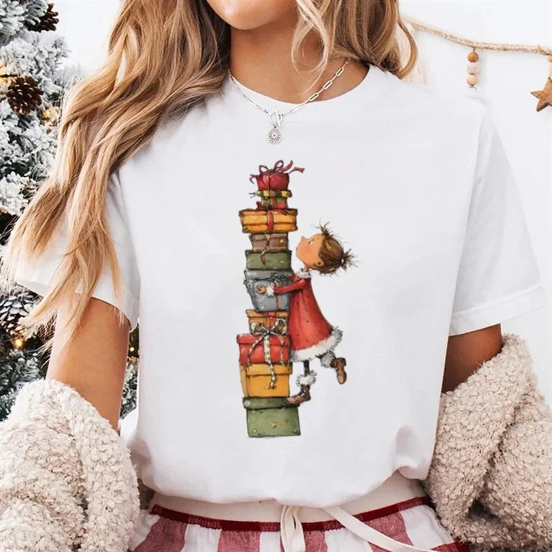 T-Shirt Women's Christmas Socks Christmas Gift Cartoon Street Round Neck Top Women's Casual Harajuku Fashion New Year T-Shirt Colouronova
