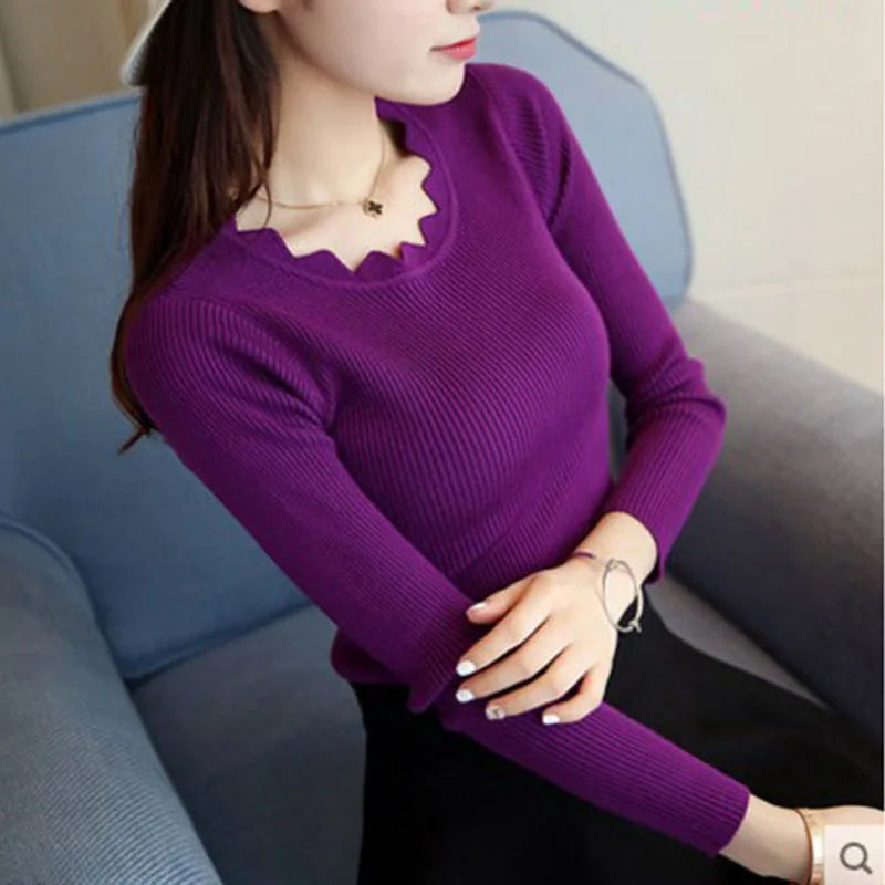 2024 new Sweater Pullovers Women's Autumn Winter Long sleeved Lotus Collar Short Korean Knitted Solid Color Bottom Shirt Jumpers - Colouronova