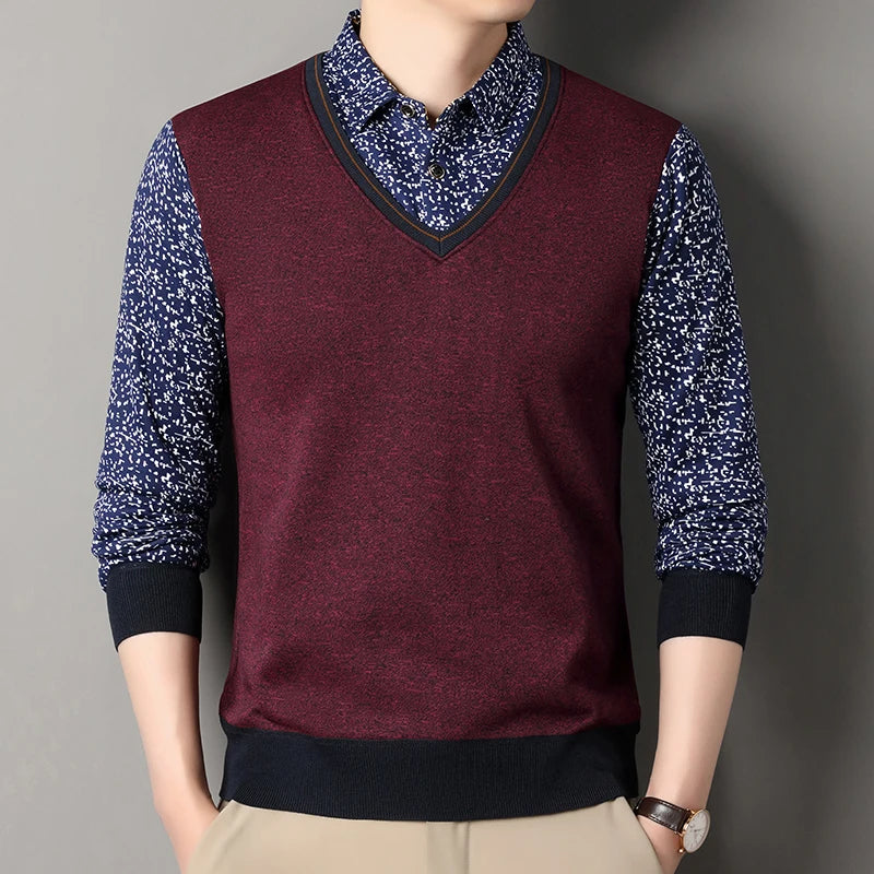 2025 Autumn Men Fleece Warm Sweater Men Fake Two Piece Plush Pullover Shirt Collar Thick Knitted Sweater Male Casual Jumpers - Colouronova