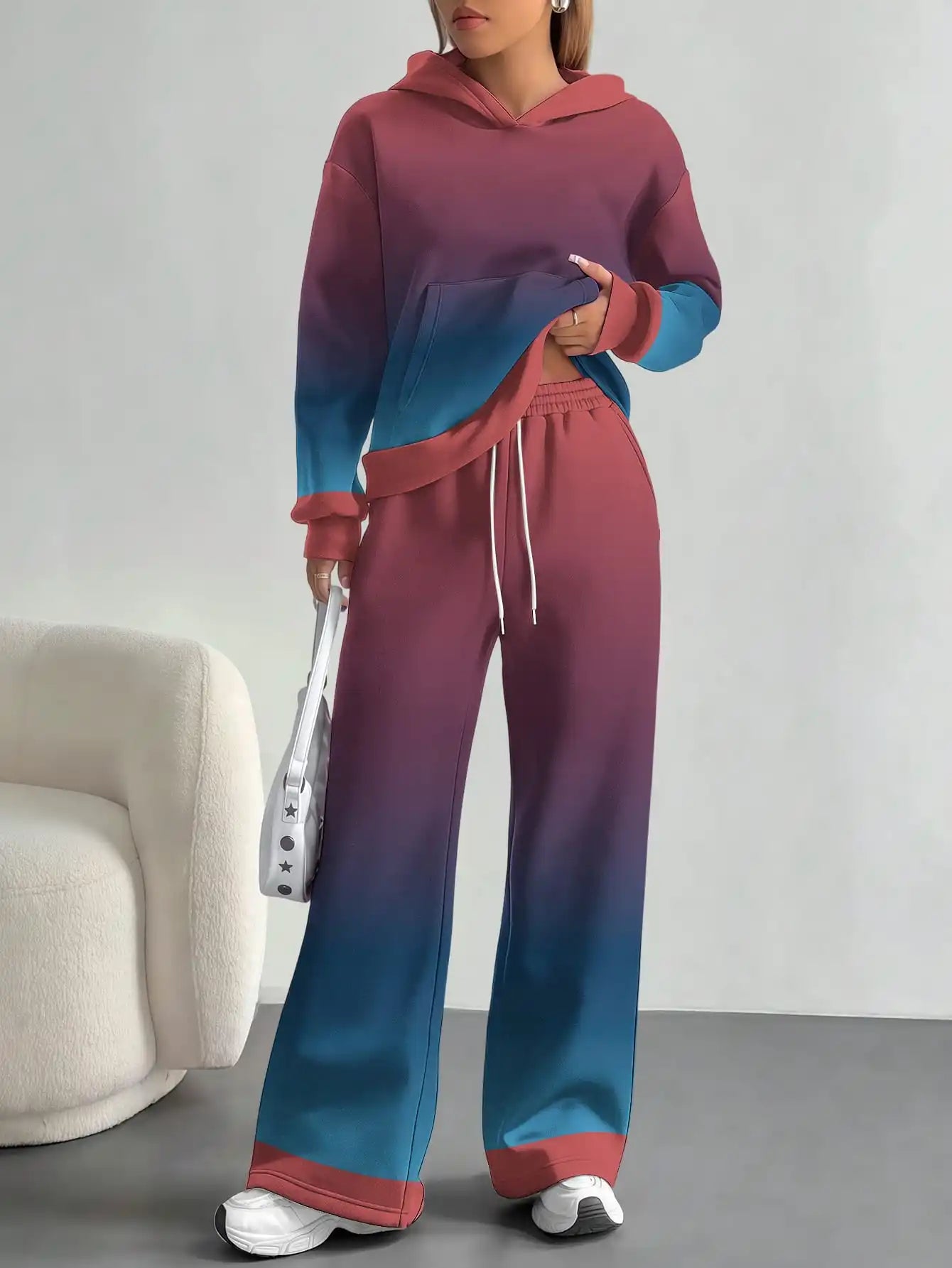 Foreign trade flame splicing printing new hot style 2025 new pink gradient fashion casual European and American women's suit - Colouronova