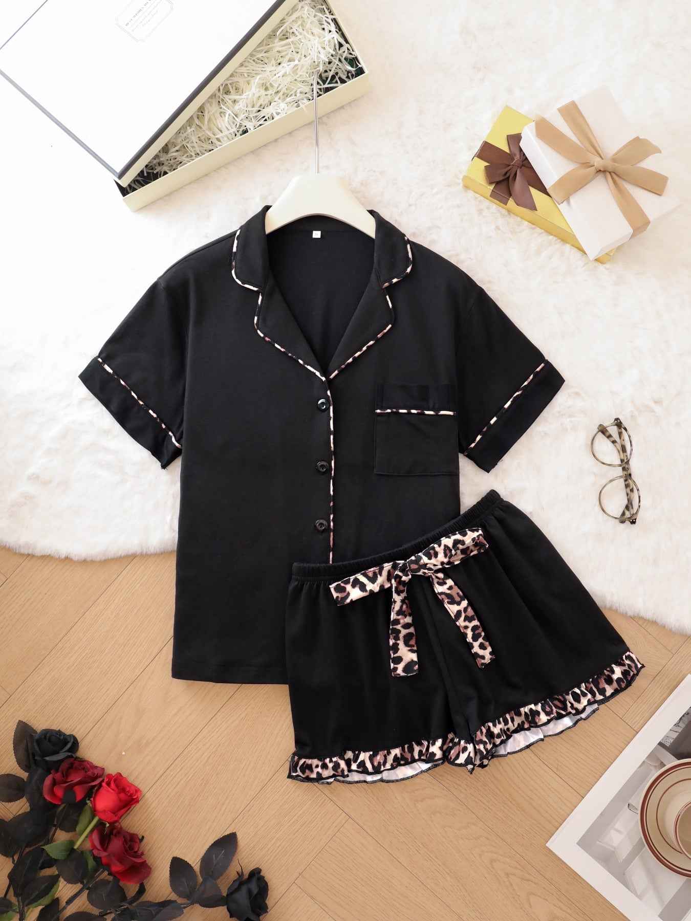 Womens Milk Silk Loungewear Set with Ruffle Shorts