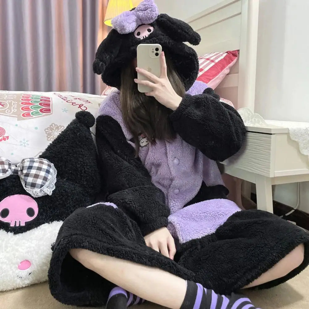 Plush Pajamas Night-Robe Suit Sanrioed Anime Kawaii Kuromi Coral Fleece Homewear Winter Long Style Thickened Nightgown Pants - Colouronova