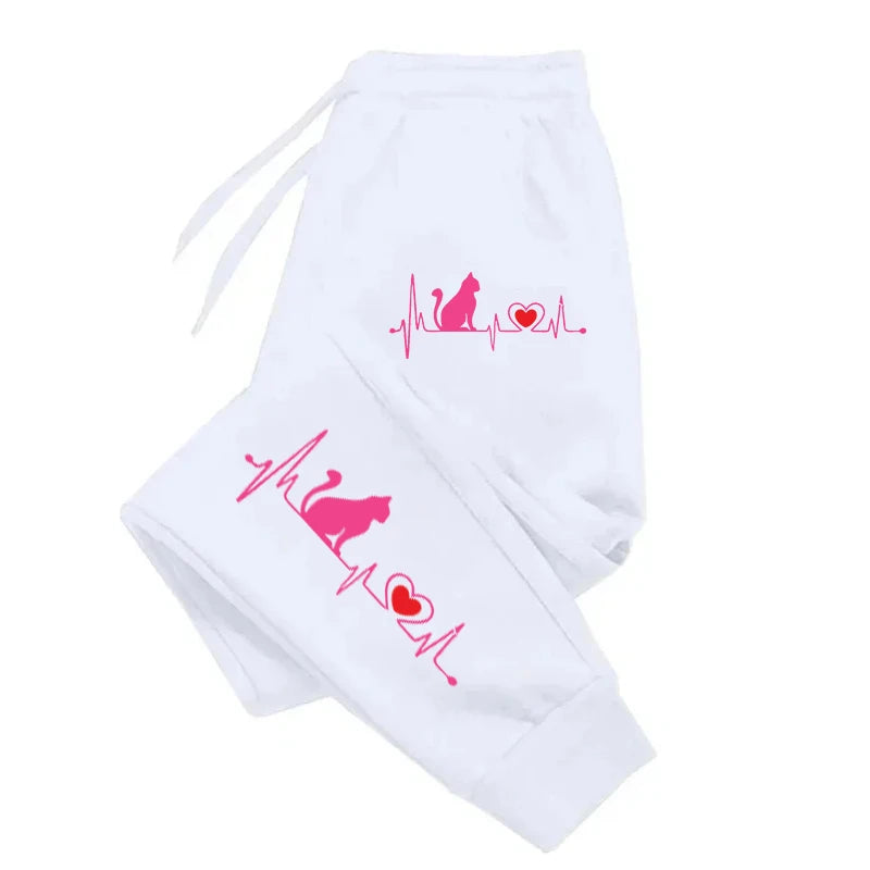 Cat Electrocardiogram Printed  Trousers Sport Fashion Joggers Street Soft  Pants Woman Casual Autumn Gothic Clothing - Colouronova