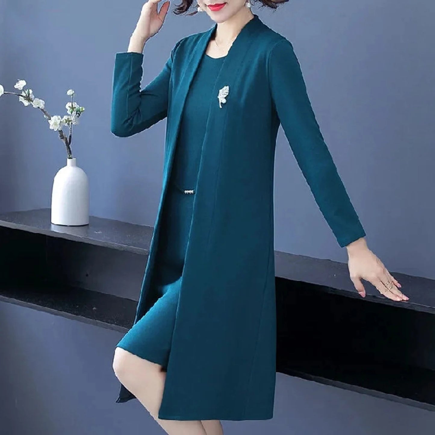 Women Dress Coat Suit Spring Fall Elegant Solid Color Middle-age Ladies Female Open Front Long Cardigan O Neck Sleeveless Dress - Colouronova