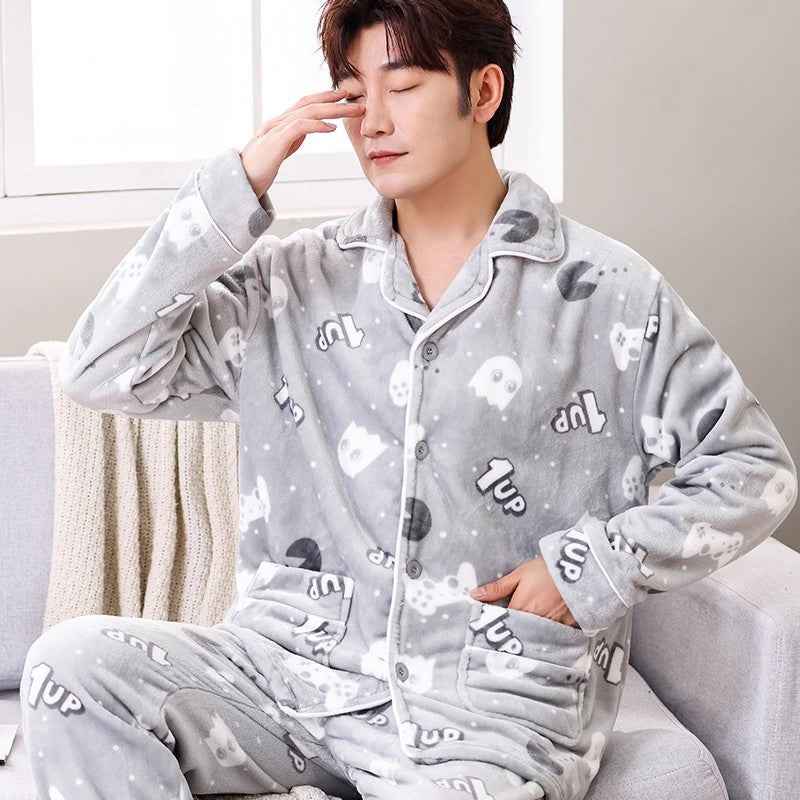 Men's Coral Fleece Pajama Set Long Sleeve