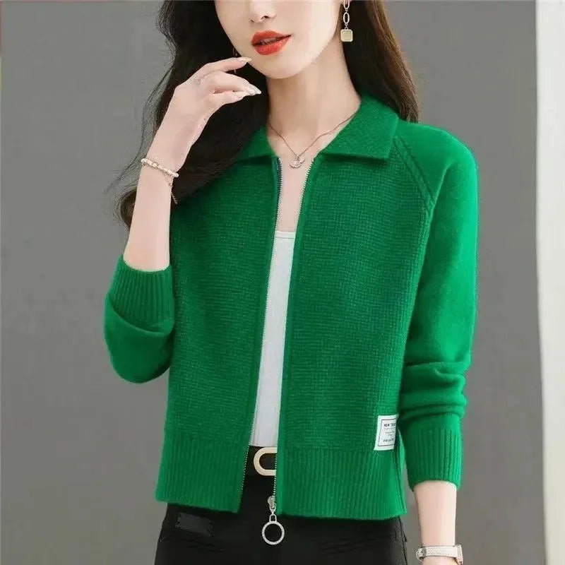 Spring Autumn Women Knitted Cardigan Sweater Fashion Lapel Jacket Small Fragrance Style Knitted Short Zipper Coat Top - Colouronova