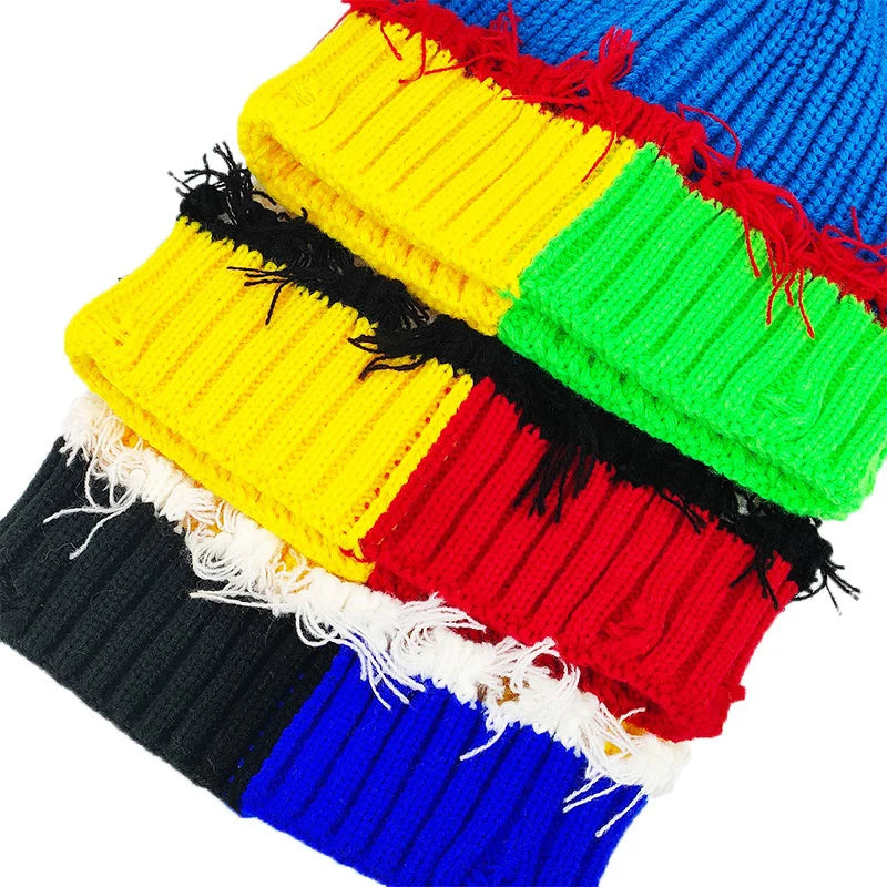 Y2K Knitted Beanie Hats Winter Warm Wool Caps With Holes Hip Hop Streetwear Accessories New Color Matching - Colouronova