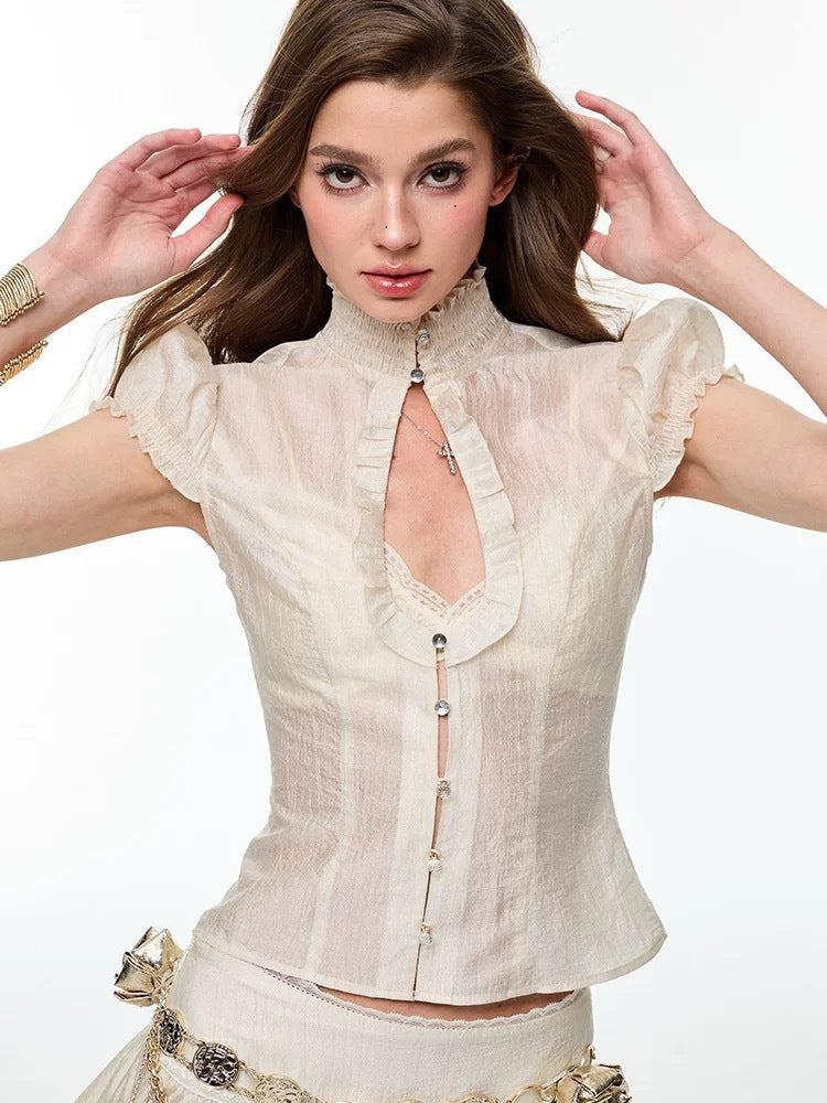 Pearl Lace Trim Hollow Out Top with Pleated Skirt Colouronova