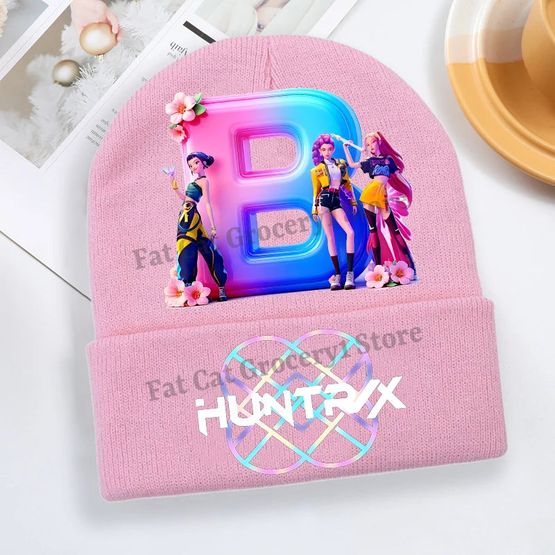 Kpop Demon Hunter Knitted Hat Girls Cute Letter A-Z Knit Cap Kids Winter Outdoors Warm Beanies Children Fashion Headgear Gift - Colouronova