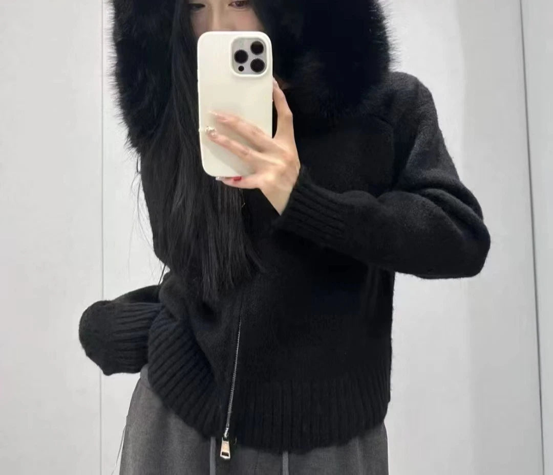 25 Autumn/Winter New Hooded Short Style Fashionable Western Knitted Cardigan, Wool Collar Coat, Women's Sweater - Colouronova