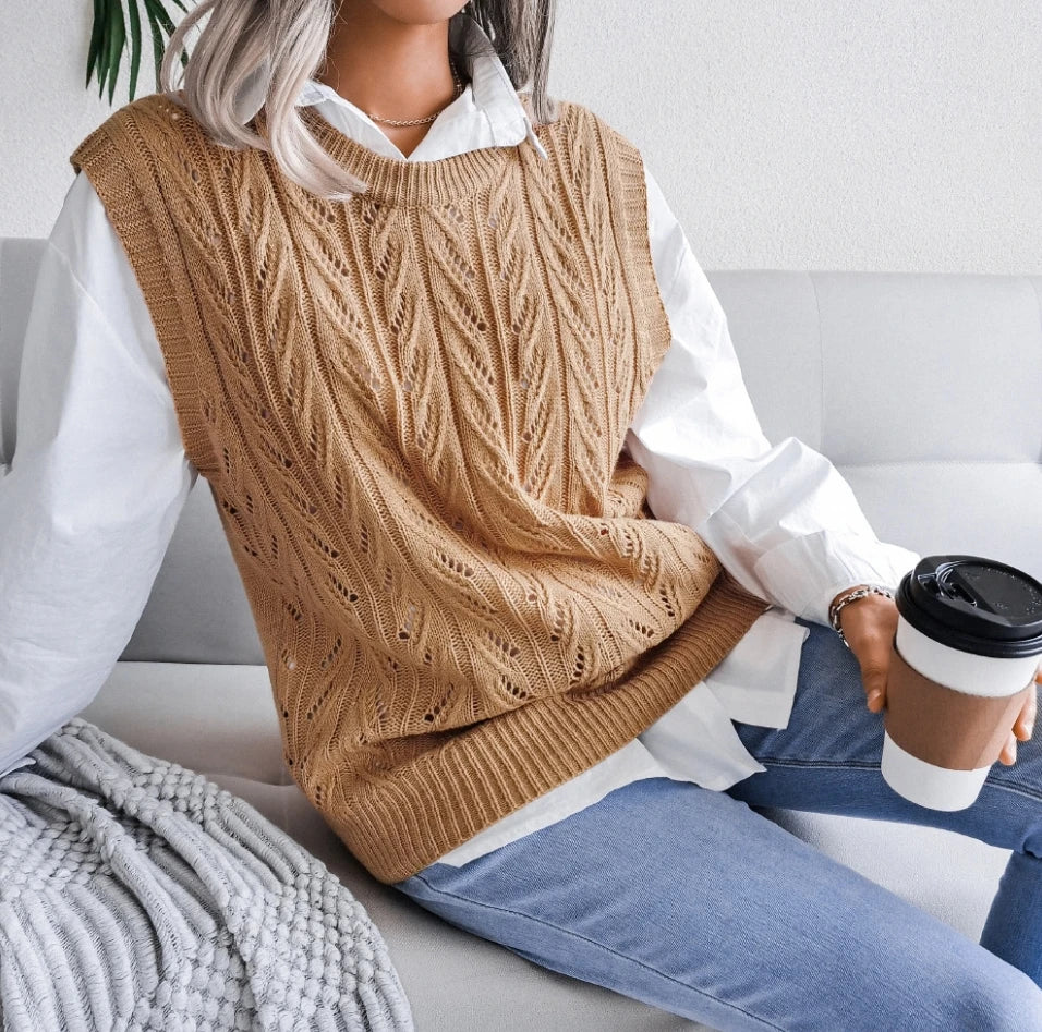 women's winter sweaters Korean popular women's vest solid color O-neck sleeveless hollow knitted loose casual sweater vest - Colouronova