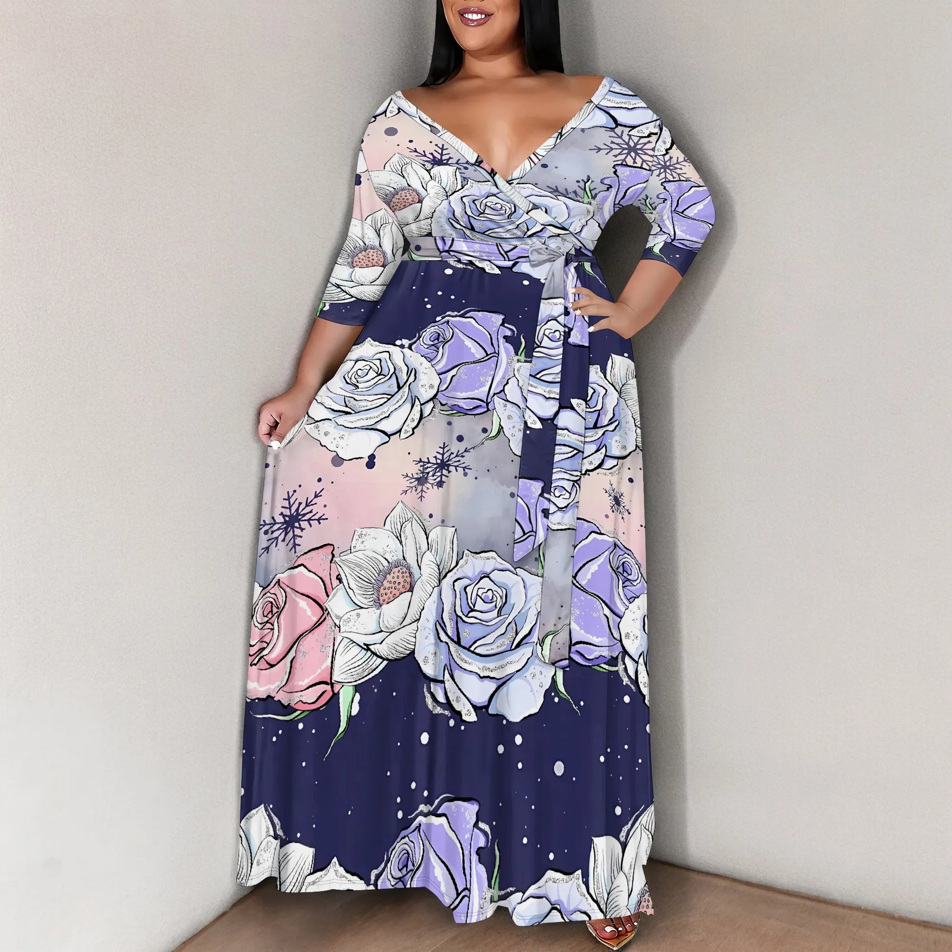 Plus Size Snowflake Floral Print Maxi Dress 3/4 Sleeve V Neck Winter Holiday Elegant Belted Dress - Colouronova