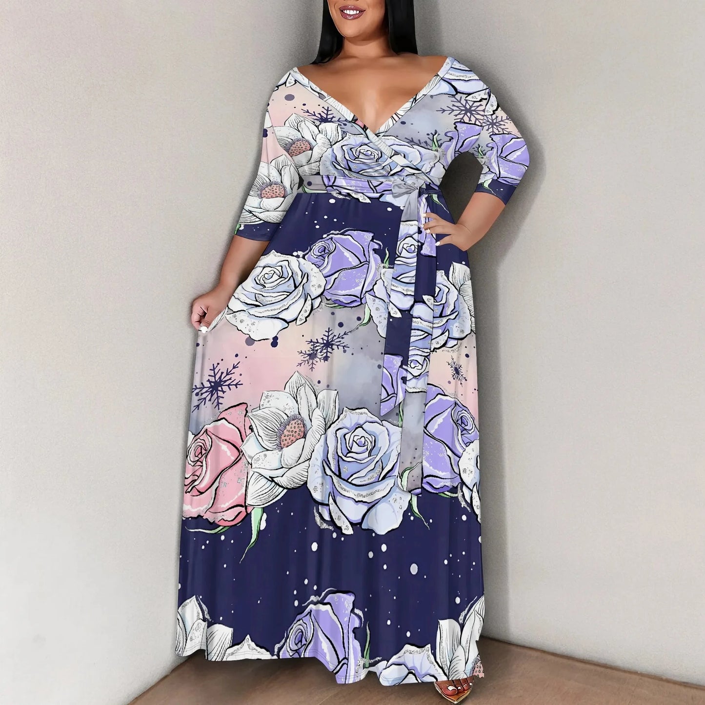 Plus Size Snowflake Floral Print Maxi Dress 3/4 Sleeve V Neck Winter Holiday Elegant Belted Dress Colouronova