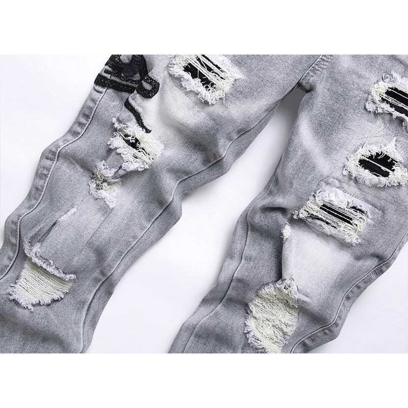 Mens Stretch Ripped Embroidered Jeans Colouronova