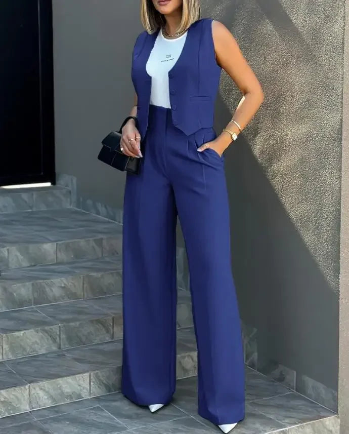 Women Pant Set Two Piece Sets Wide Leg Long Pants Halter Sleeveless Tops Slim Fit Solid Casual Office Lady Elegant Matching Sets - Colouronova