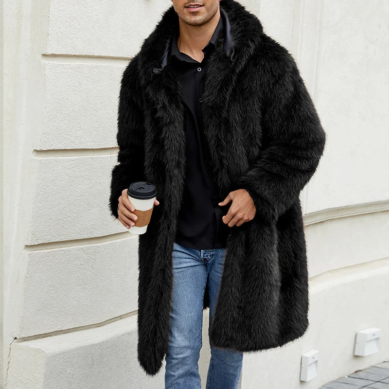 Men Faux Fur Coat Solid Color Hooded Long Sleeve Winter Warm Thicken Jacket Outerwear - Colouronova