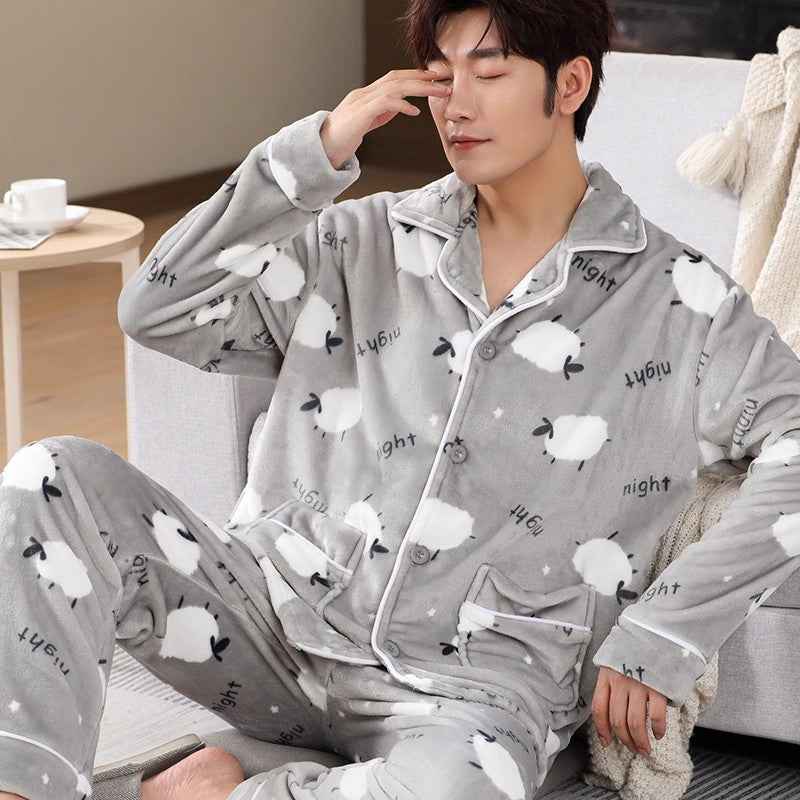 Men's Coral Fleece Pajama Set Long Sleeve
