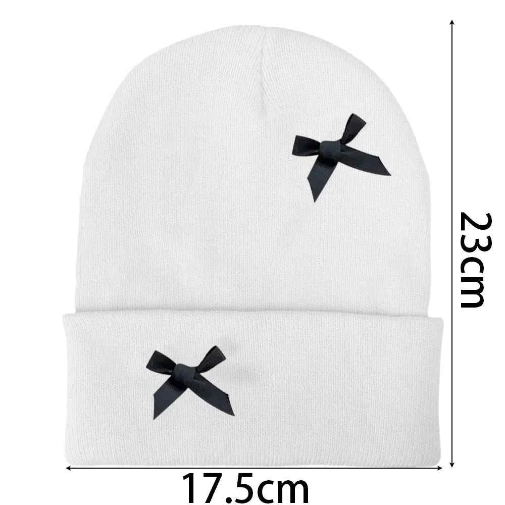 Korean Bow Women Beanie Cap Autumn Winter Warm Ins Style Cute Y2K Girls Knitted Hat Solid Color Bowknot Female Thermal Skullcap