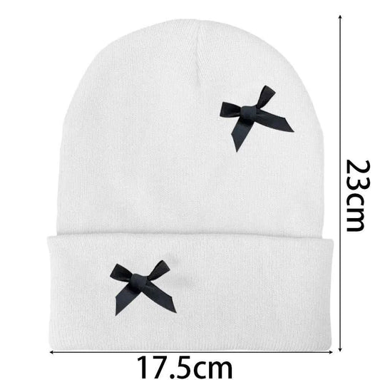 Korean Bow Women Beanie Cap Autumn Winter Warm Ins Style Cute Y2K Girls Knitted Hat Solid Color Bowknot Female Thermal Skullcap