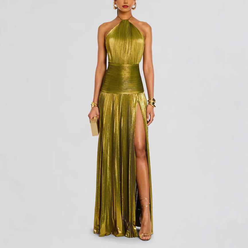 Metallic Halter Slit Backless Dress