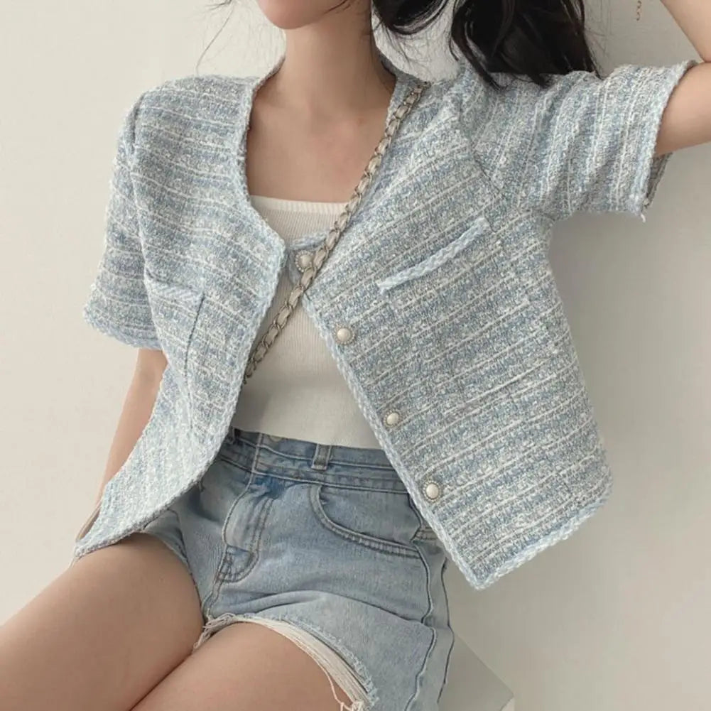 Tweed Weave Plaid Women Blazer Coat Women 2023 French Style Short Sleeve Single breasted Women Cardigan Coat Jackets - Colouronova
