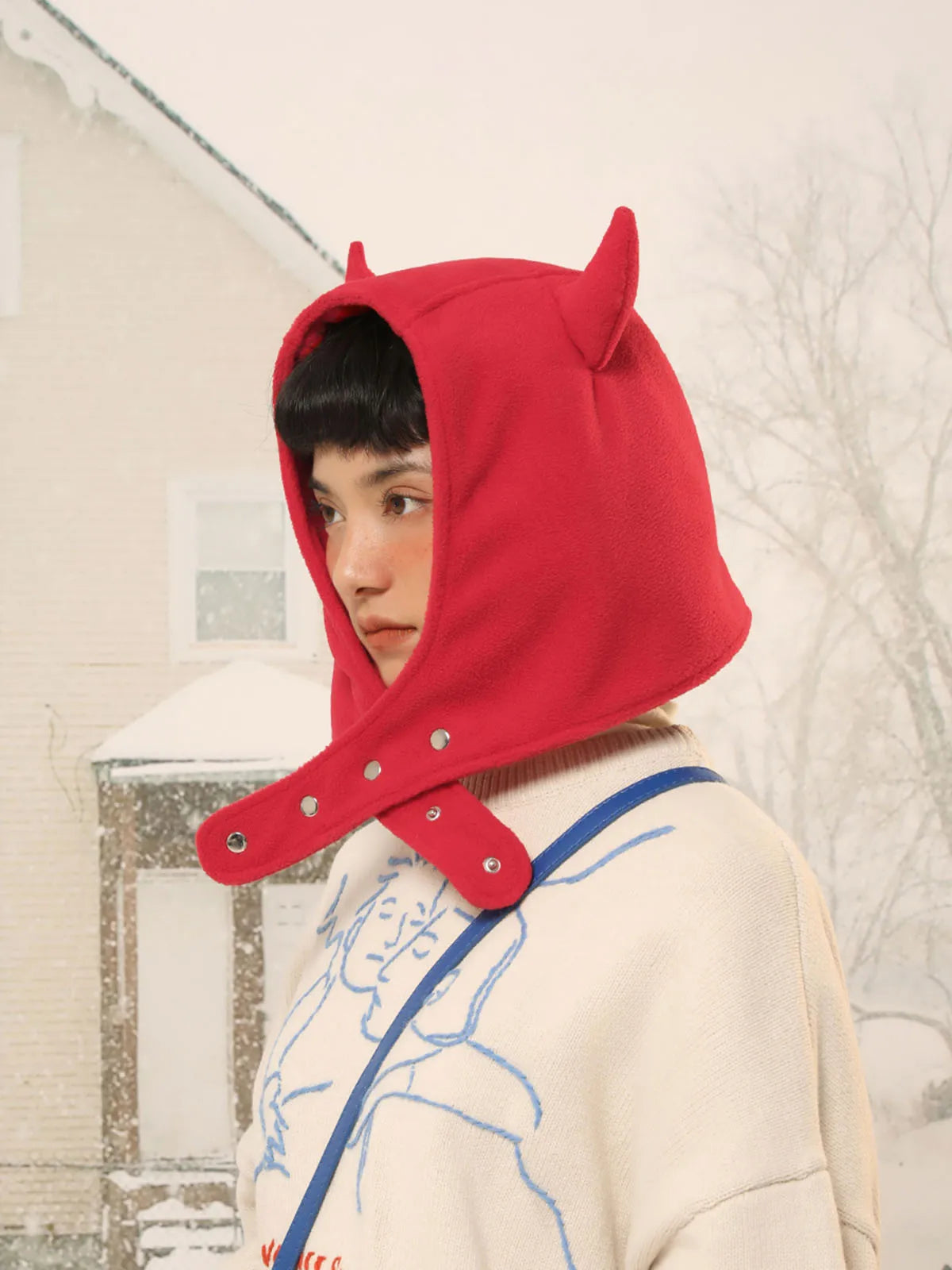 Japan Yabi Cute Devil Ears Cow Horn Thunderbolt Hat Women Autumn Winter Warm Suede Ear Protection Set Head Cap Y2K Beanies - Colouronova