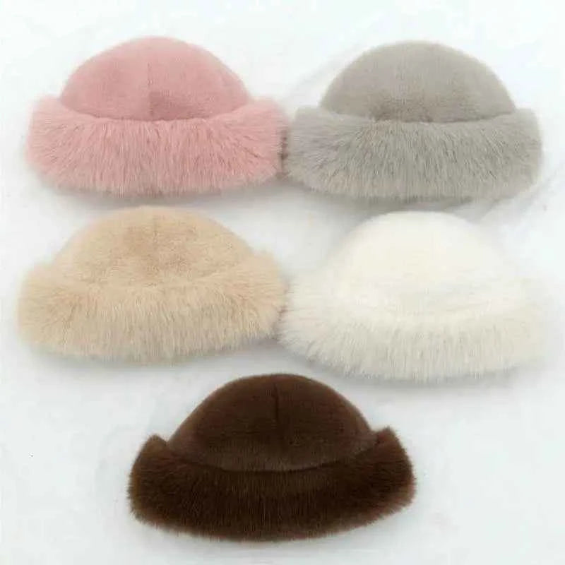 Winter Thick Warm Furry Beanies Hat Women Imitation Mink Fur Russian Cap Solid Plush Brimless Cap Brimless Ski Hat Mongolian Hat
