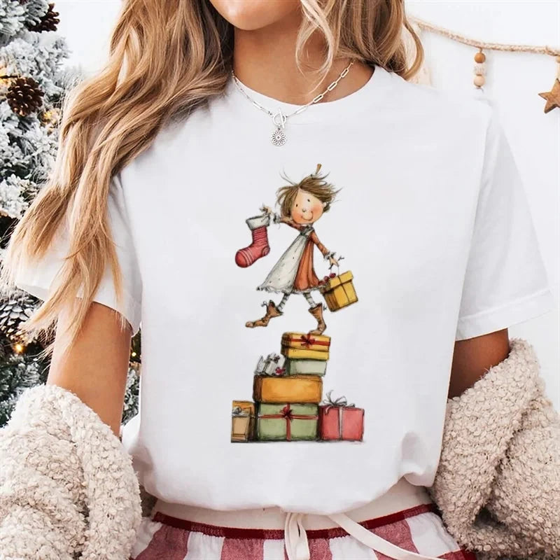 T-Shirt Women's Christmas Socks Christmas Gift Cartoon Street Round Neck Top Women's Casual Harajuku Fashion New Year T-Shirt Colouronova
